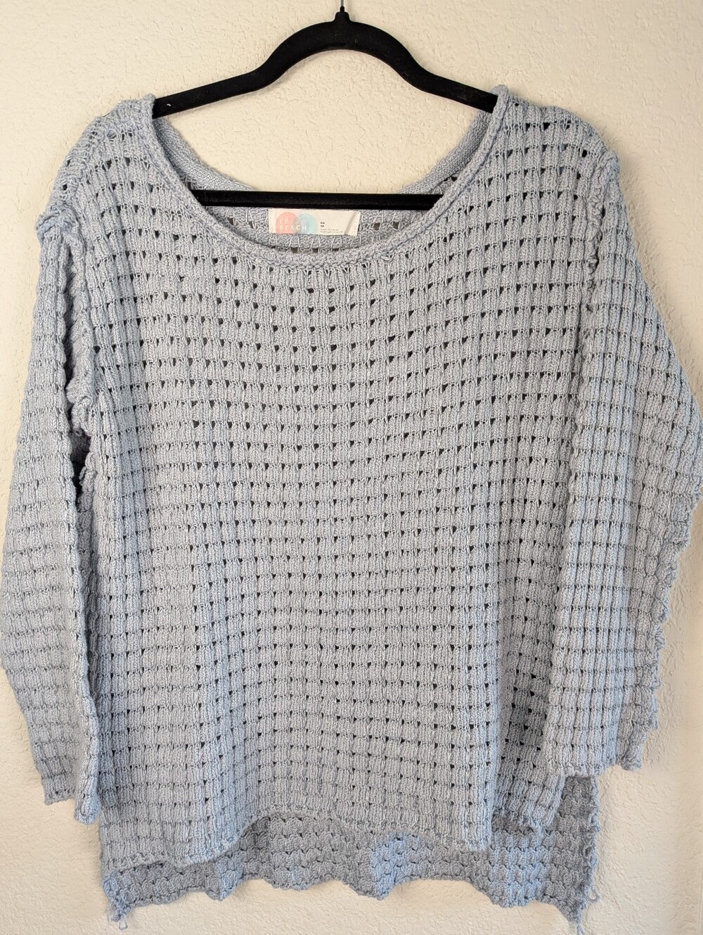 Free People Margot Sweater XS Cozy Open Waffle-Knit Light Blue Gray Boat Neck